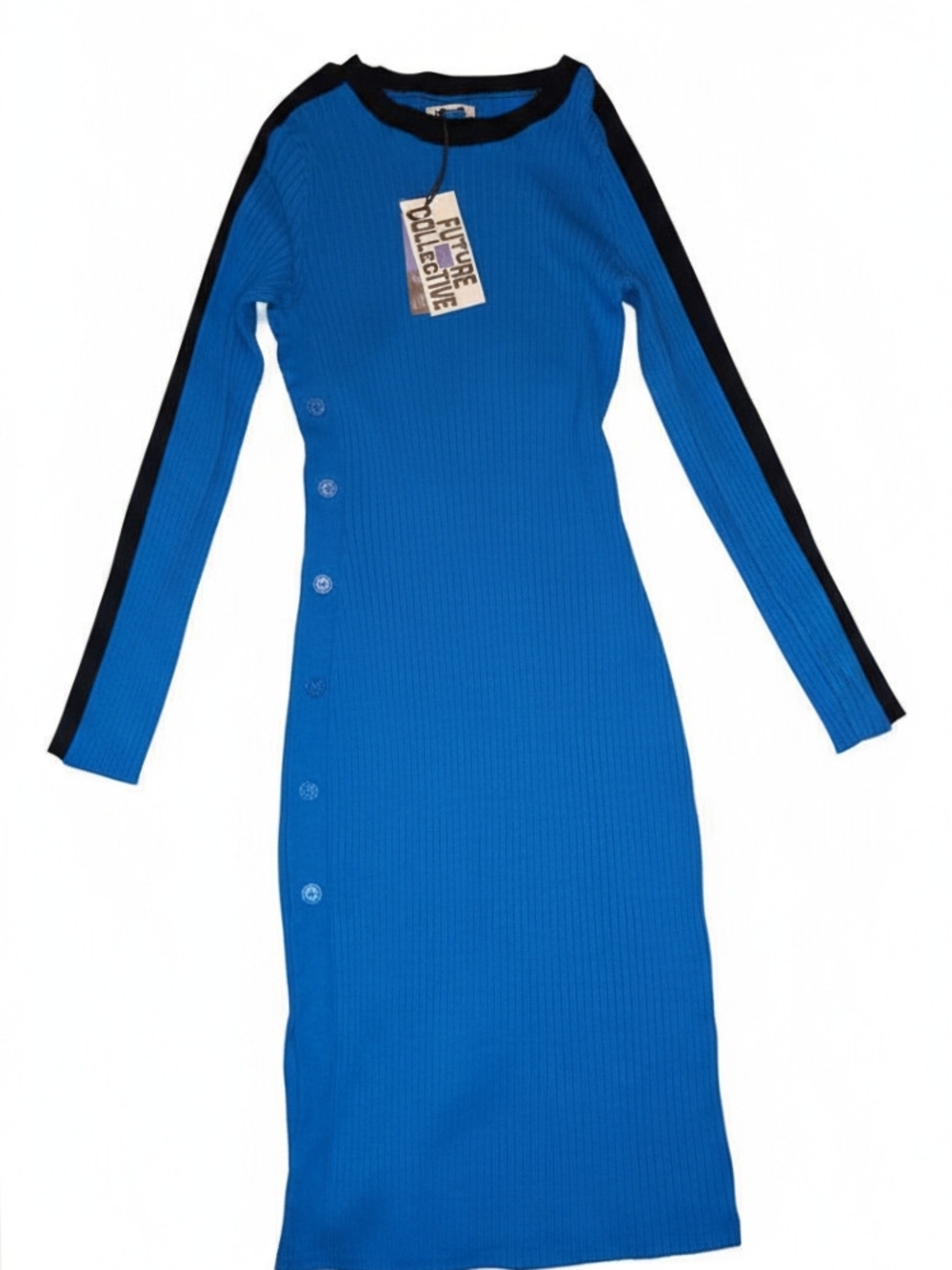 Future Collective Blue Ribbed Long-Sleeve Button-Accent Dress